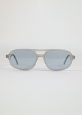 Sunglasses with gray frame and blue-tinted lenses on a white background