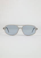 Sunglasses with gray frame and blue-tinted lenses on a white background