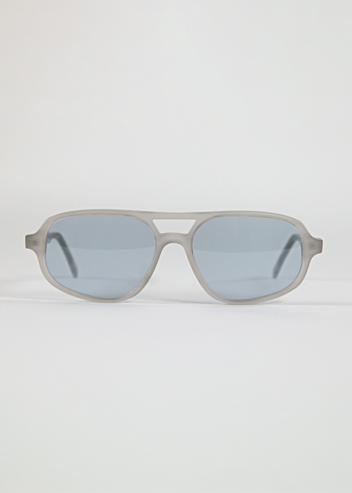 Sunglasses with gray frame and blue-tinted lenses on a white background