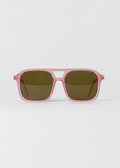 Pink sunglasses with dark lenses on a white background