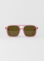 Pink sunglasses with dark lenses on a white background
